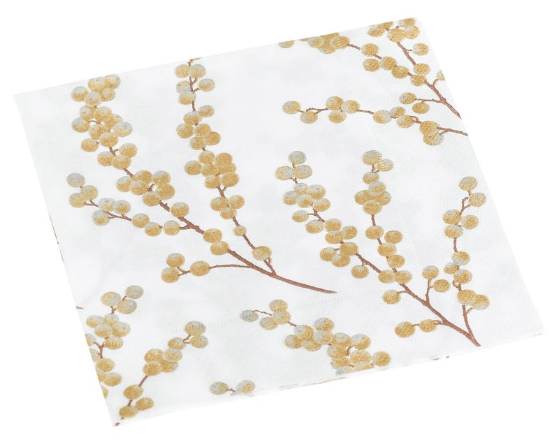 Caspari Entertaining with Caspari Berry Branches Paper Cocktail Napkin, White and Gold, Pack of 20 - Image 4